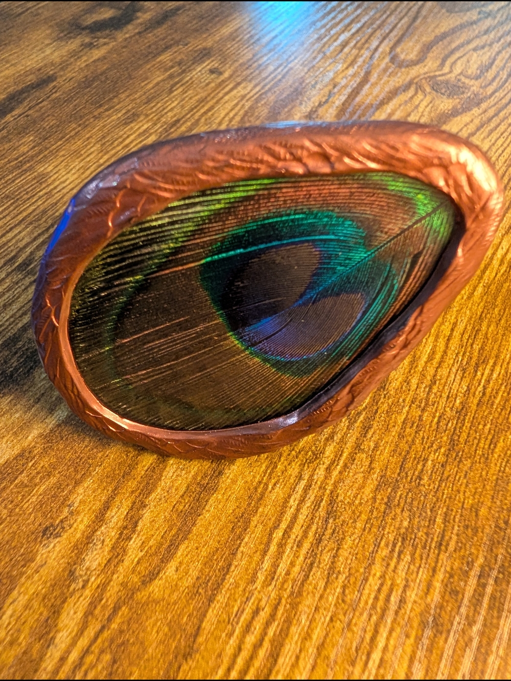 Hand Crafted Peacock Feather Cuff Bracelet Accent in Copper and Green-Blue